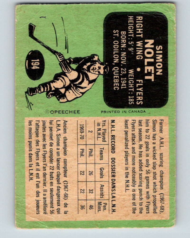1970-71 O-Pee-Chee #194 Simon Nolet Philadelphia Flyers V2925