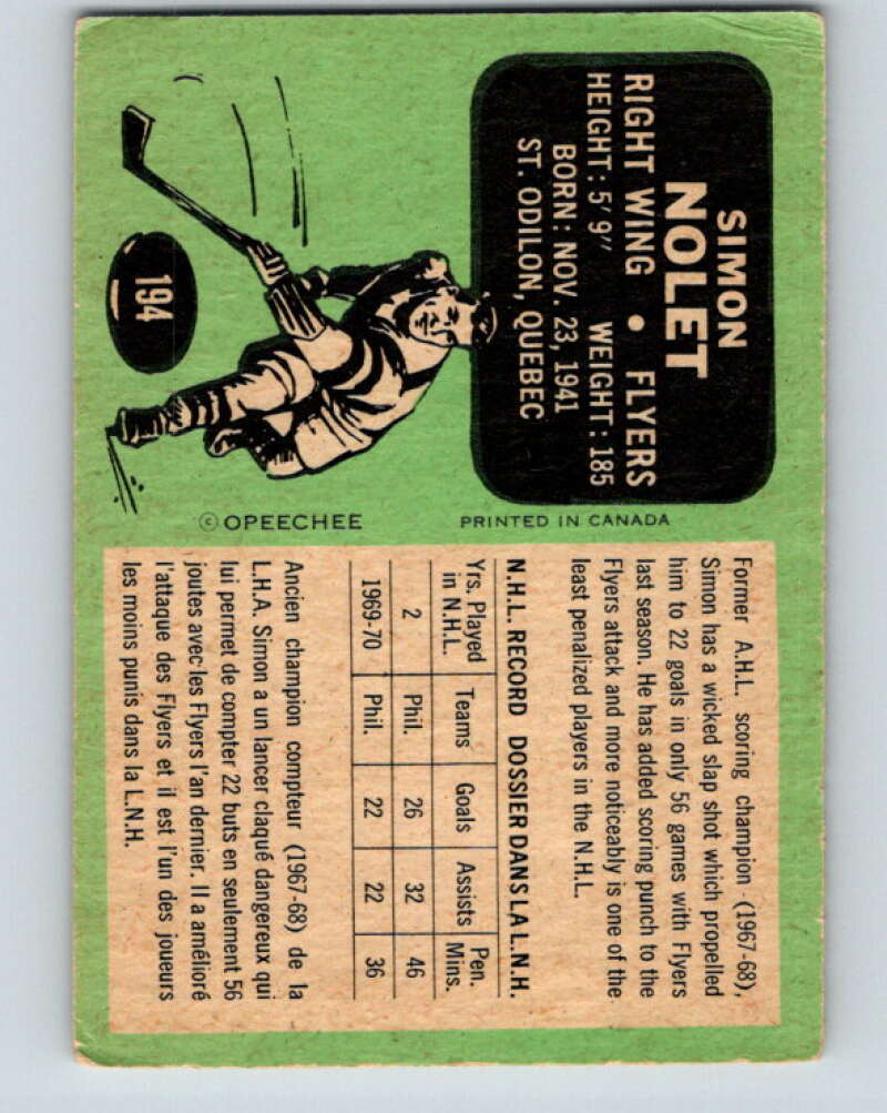 1970-71 O-Pee-Chee #194 Simon Nolet Philadelphia Flyers V2926