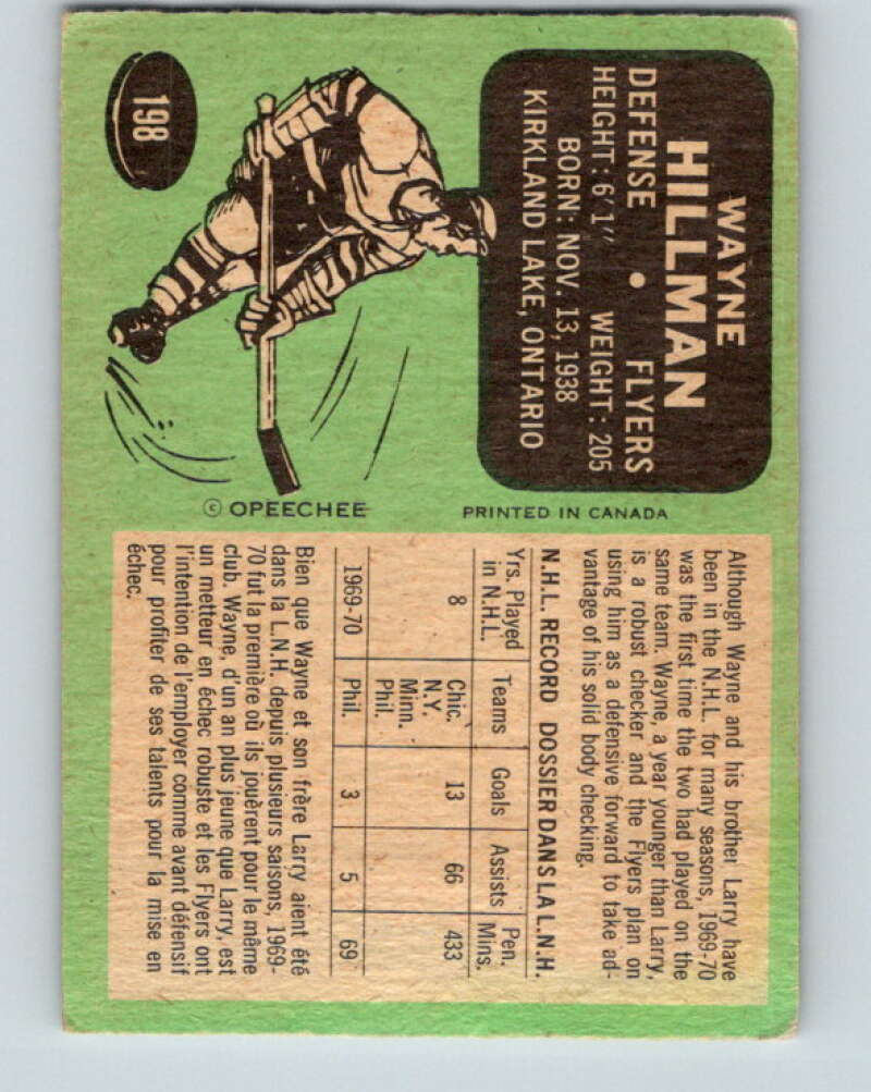 1970-71 O-Pee-Chee #198 Wayne Hillman Philadelphia Flyers V2932
