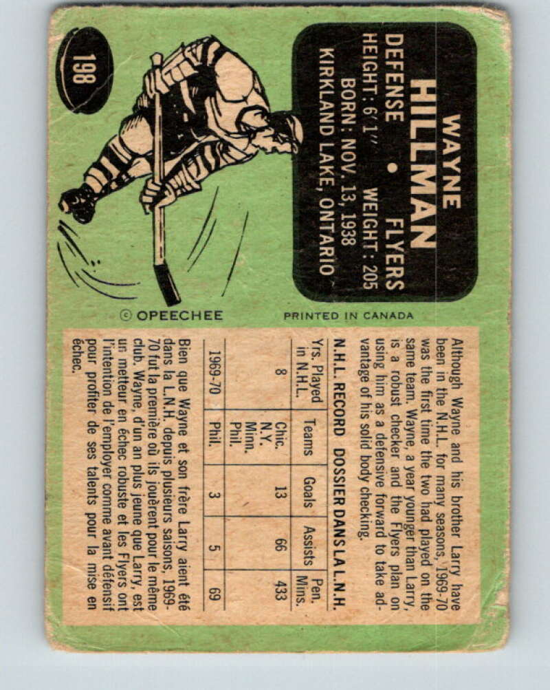 1970-71 O-Pee-Chee #198 Wayne Hillman Philadelphia Flyers V2933
