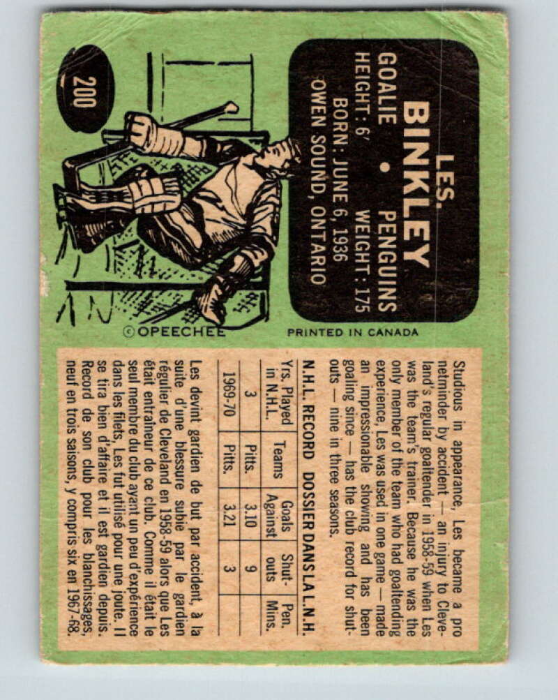 1970-71 O-Pee-Chee #200 Les Binkley Pittsburgh Penguins V2936