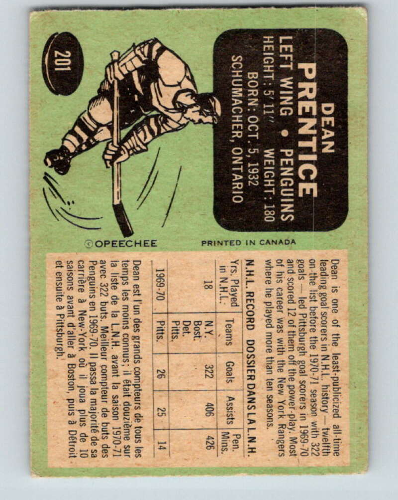 1970-71 O-Pee-Chee #201 Dean Prentice Pittsburgh Penguins V2937