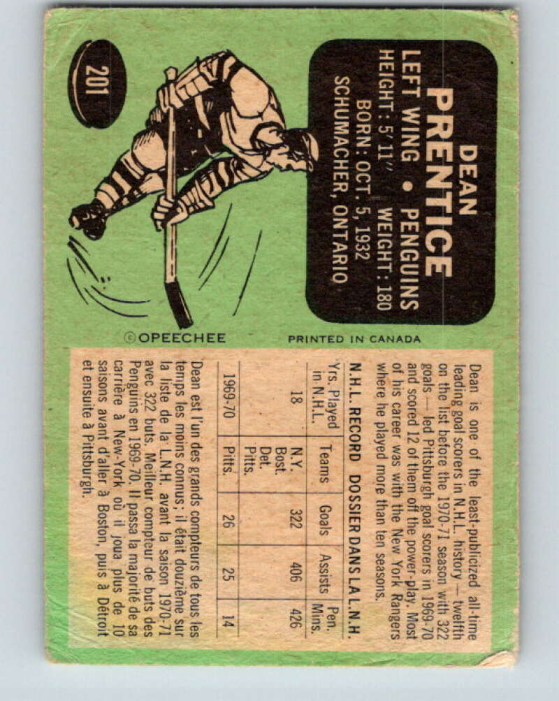 1970-71 O-Pee-Chee #201 Dean Prentice Pittsburgh Penguins V2938
