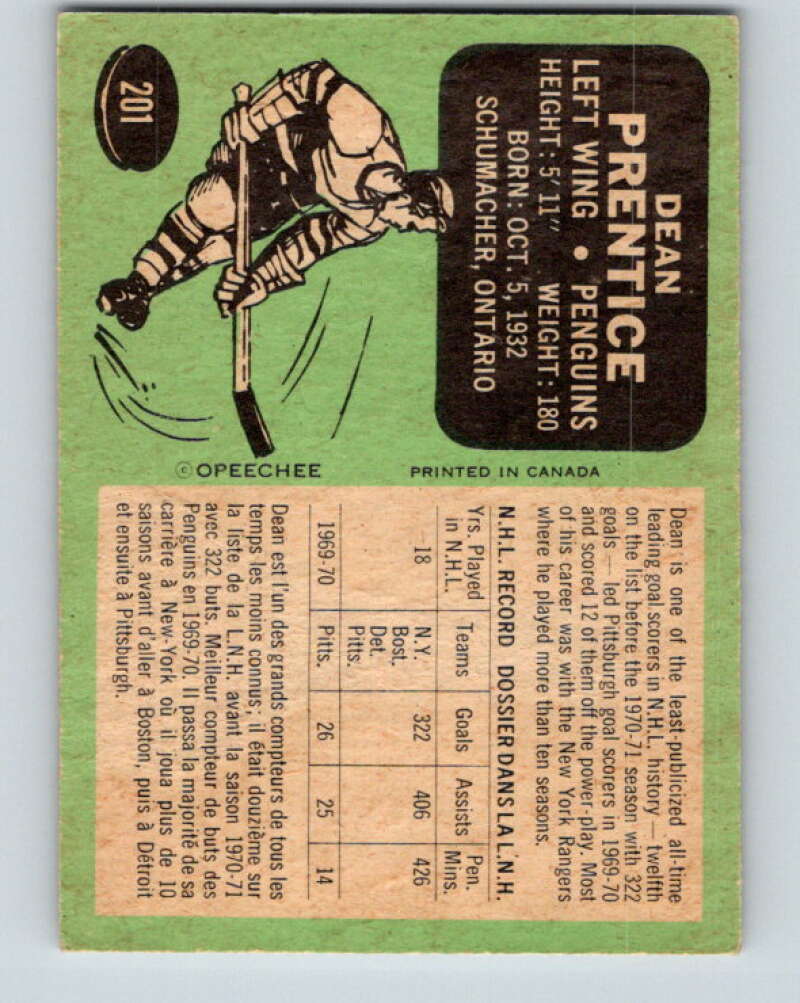 1970-71 O-Pee-Chee #201 Dean Prentice Pittsburgh Penguins V2940