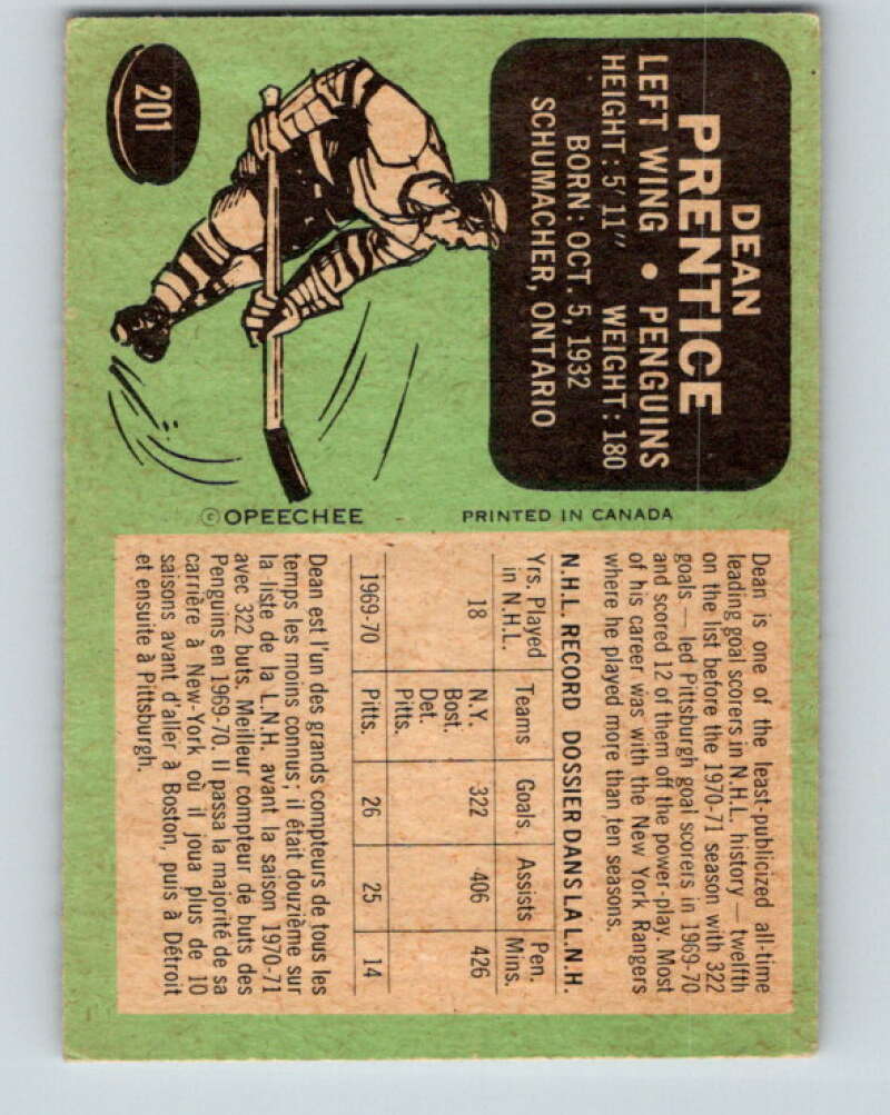 1970-71 O-Pee-Chee #201 Dean Prentice Pittsburgh Penguins V2941