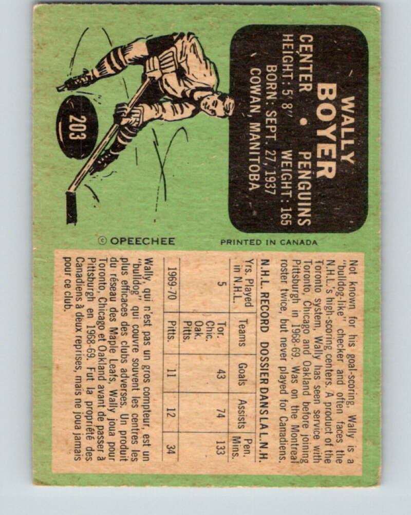 1970-71 O-Pee-Chee #203 Wally Boyer Pittsburgh Penguins V2949