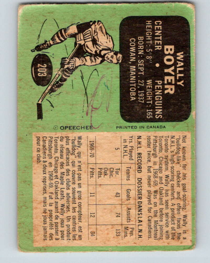 1970-71 O-Pee-Chee #203 Wally Boyer Pittsburgh Penguins V2950
