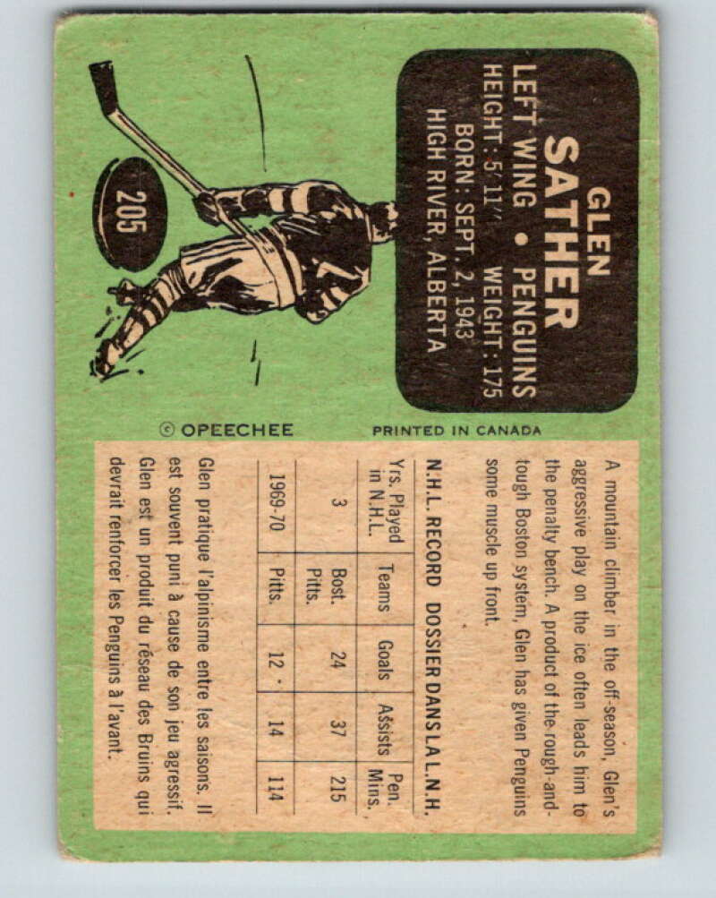 1970-71 O-Pee-Chee #205 Glen Sather Pittsburgh Penguins V2967