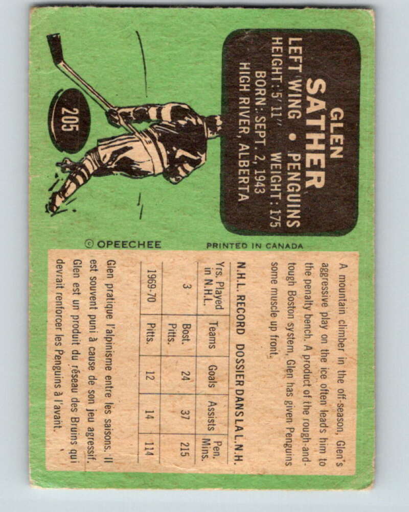 1970-71 O-Pee-Chee #205 Glen Sather Pittsburgh Penguins V2968