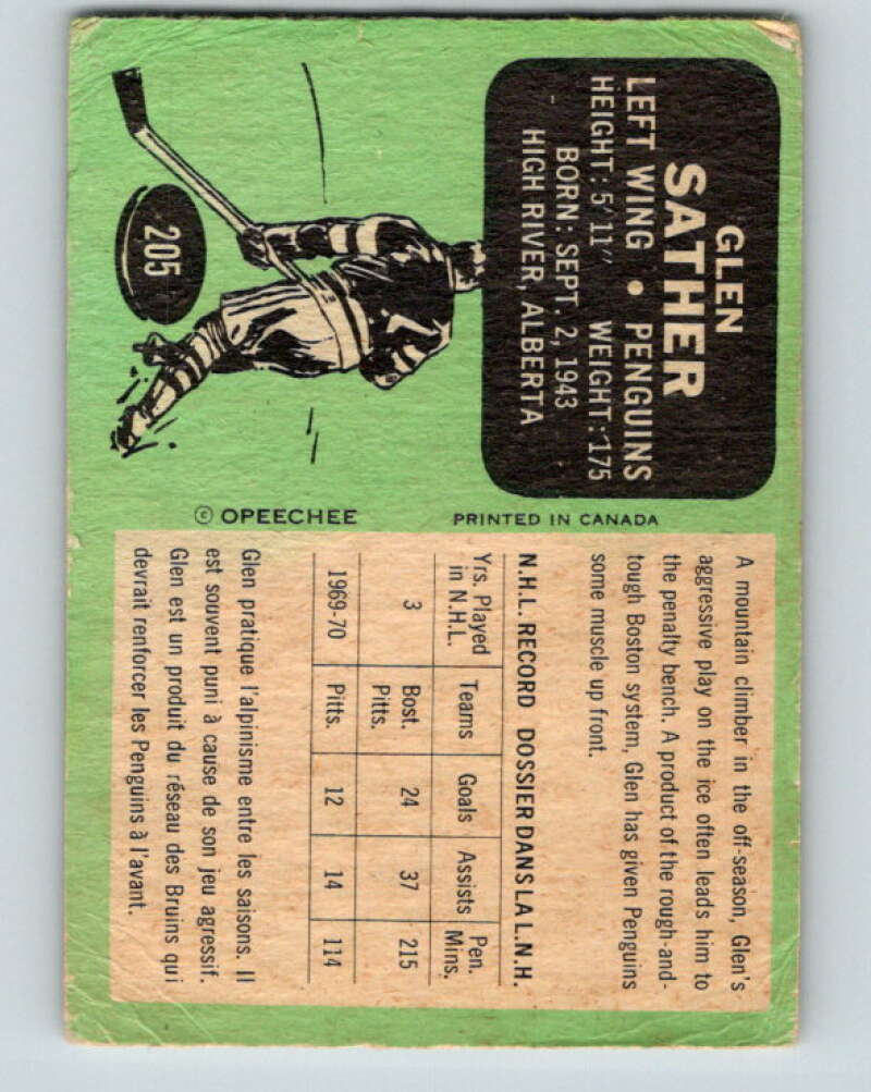 1970-71 O-Pee-Chee #205 Glen Sather Pittsburgh Penguins V2969