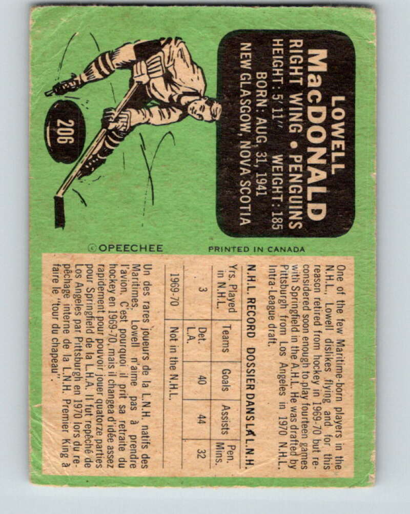 1970-71 O-Pee-Chee #206 Lowell MacDonald Pittsburgh Penguins V2970