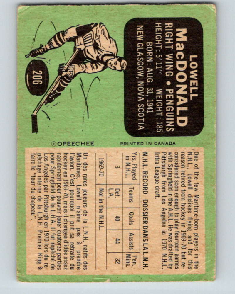 1970-71 O-Pee-Chee #206 Lowell MacDonald Pittsburgh Penguins V2971
