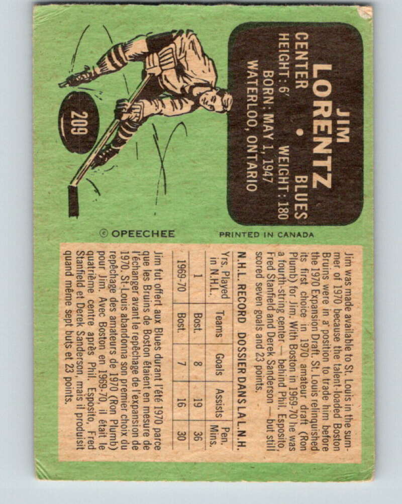 1970-71 O-Pee-Chee #209 Jim Lorentz RC Rookie St. Louis Blues V2980