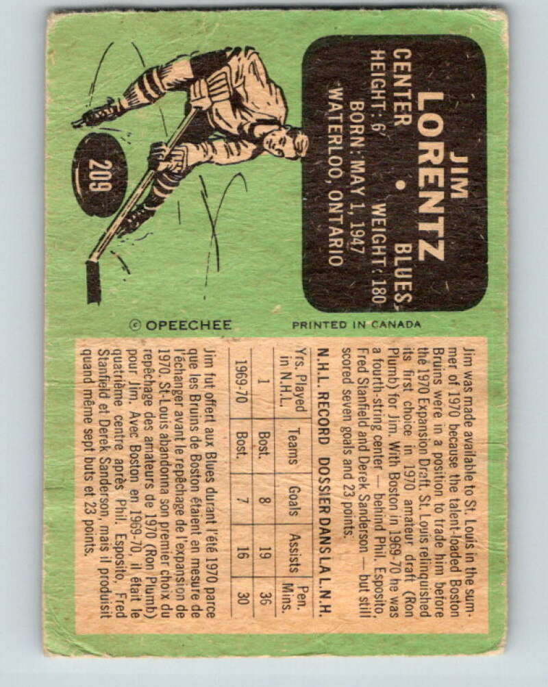 1970-71 O-Pee-Chee #209 Jim Lorentz RC Rookie St. Louis Blues V2982