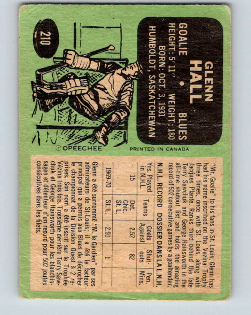 1970-71 O-Pee-Chee #210 Glenn Hall St. Louis Blues V2984