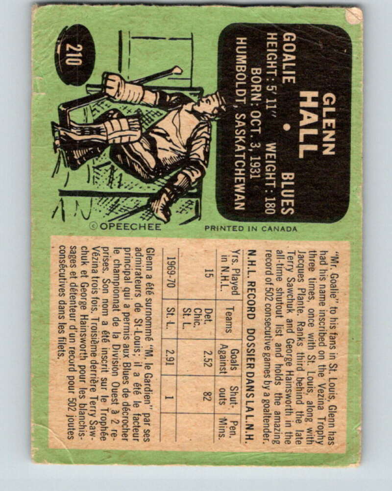 1970-71 O-Pee-Chee #210 Glenn Hall St. Louis Blues V2985