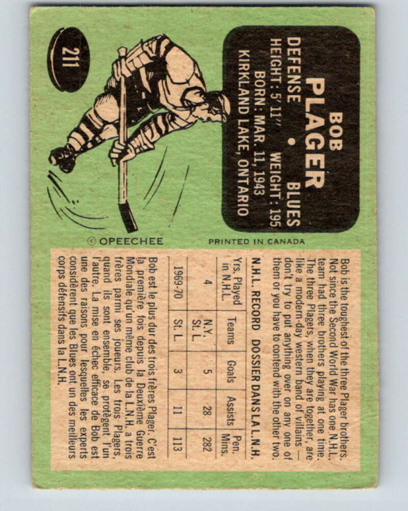 1970-71 O-Pee-Chee #211 Bob Plager St. Louis Blues V2988