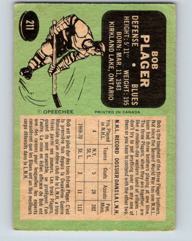 1970-71 O-Pee-Chee #211 Bob Plager St. Louis Blues V2989