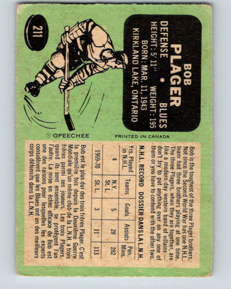 1970-71 O-Pee-Chee #211 Bob Plager St. Louis Blues V2990