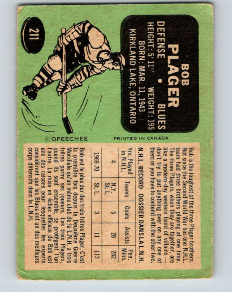 1970-71 O-Pee-Chee #211 Bob Plager St. Louis Blues V2991