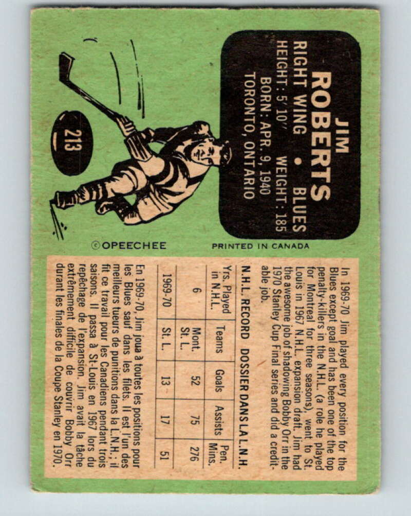 1970-71 O-Pee-Chee #213 Jim Roberts St. Louis Blues V2999