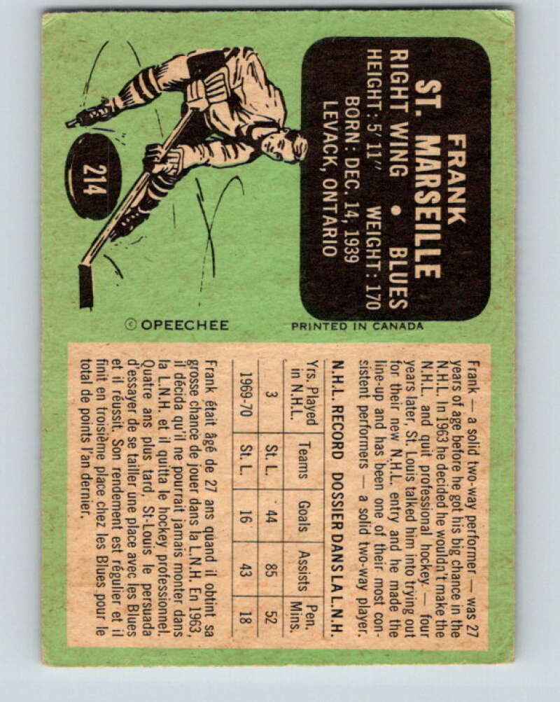 1970-71 O-Pee-Chee #214 Frank St. Marseille St. Louis Blues V3001