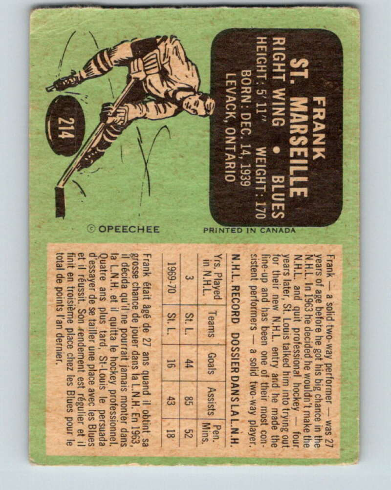1970-71 O-Pee-Chee #214 Frank St. Marseille St. Louis Blues V3002
