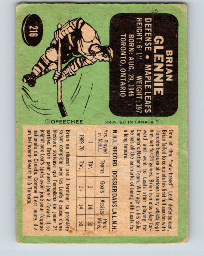 1970-71 O-Pee-Chee #216 Brian Glennie RC Rookie Toronto Maple Leafs V3007