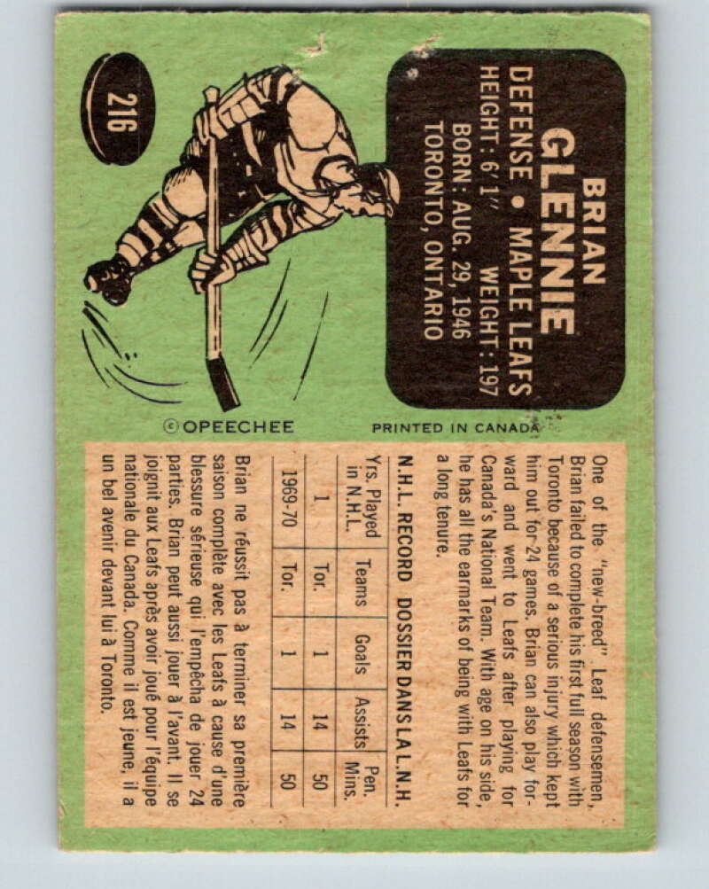 1970-71 O-Pee-Chee #216 Brian Glennie RC Rookie Toronto Maple Leafs V3008