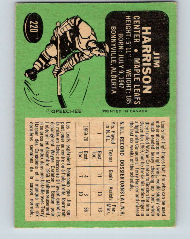 1970-71 O-Pee-Chee #220 Jim Harrison RC Rookie Toronto Maple Leafs V3016