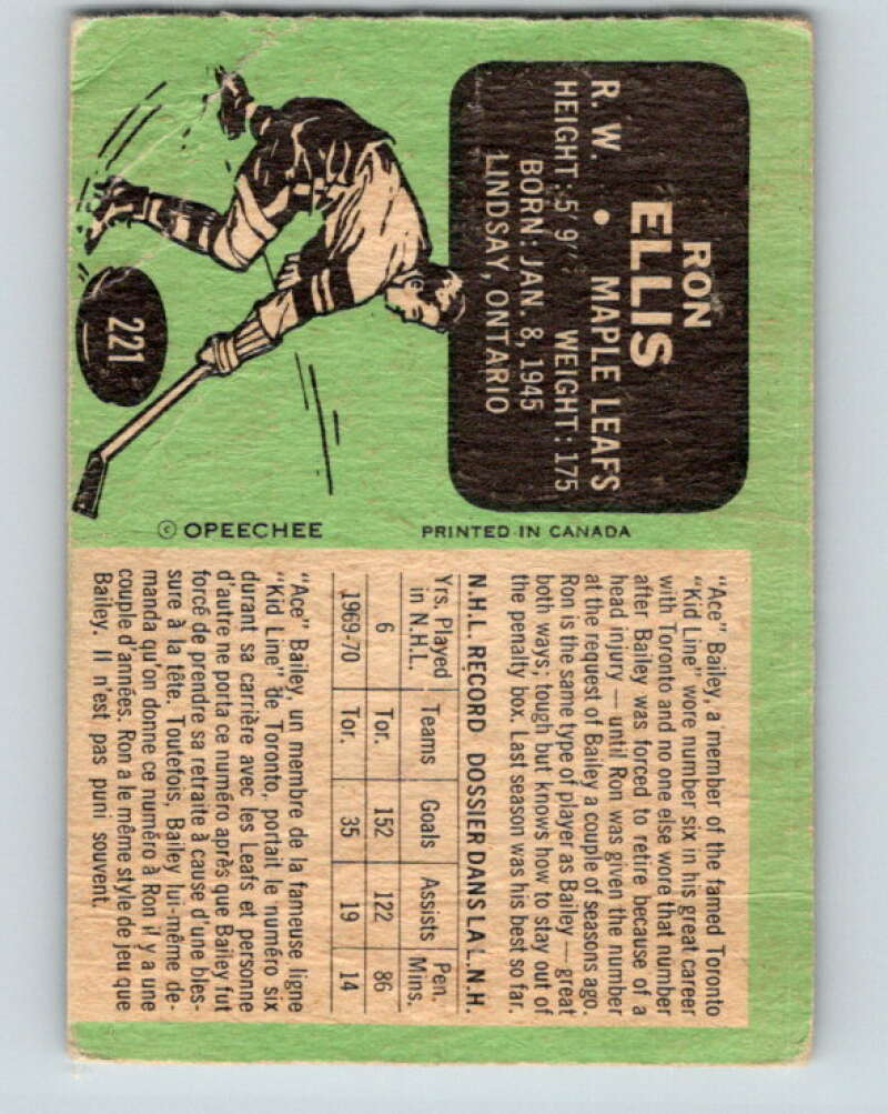 1970-71 O-Pee-Chee #221 Ron Ellis Toronto Maple Leafs V3018