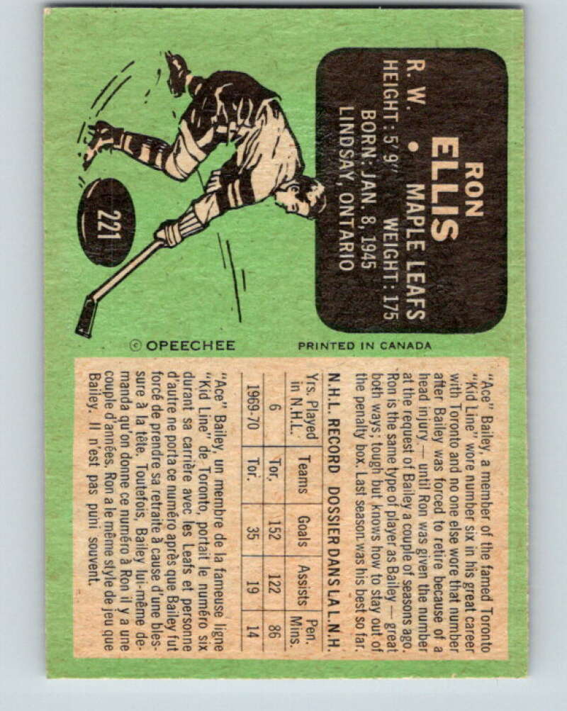 1970-71 O-Pee-Chee #221 Ron Ellis Toronto Maple Leafs V3022