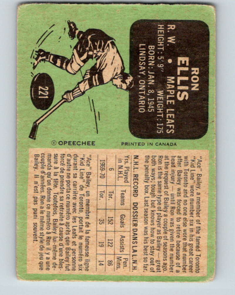 1970-71 O-Pee-Chee #221 Ron Ellis Toronto Maple Leafs V3023
