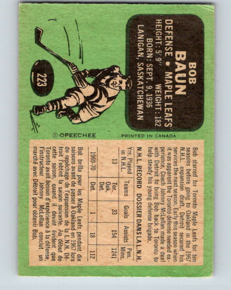 1970-71 O-Pee-Chee #223 Bob Baun Toronto Maple Leafs V3026