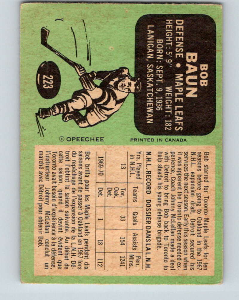 1970-71 O-Pee-Chee #223 Bob Baun Toronto Maple Leafs V3027