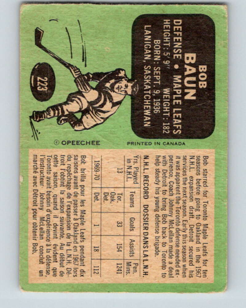 1970-71 O-Pee-Chee #223 Bob Baun Toronto Maple Leafs V3028