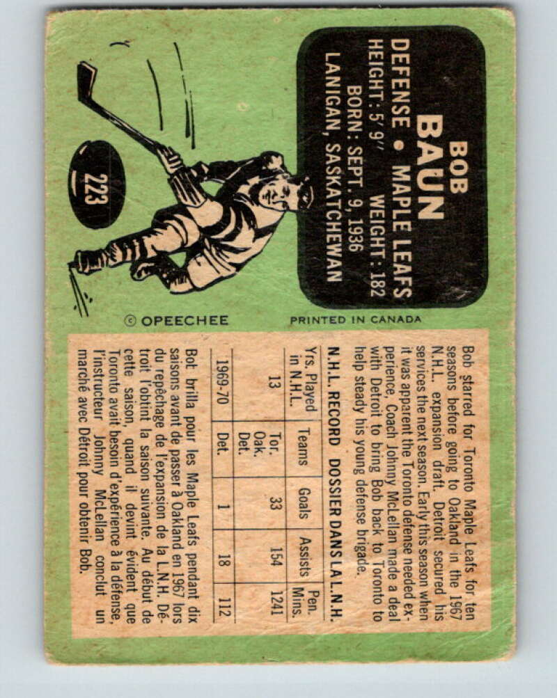 1970-71 O-Pee-Chee #223 Bob Baun Toronto Maple Leafs V3029