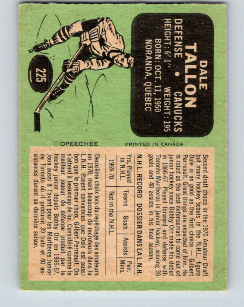 1970-71 O-Pee-Chee #225 Dale Tallon RC Rookie Vancouver Canucks V3032