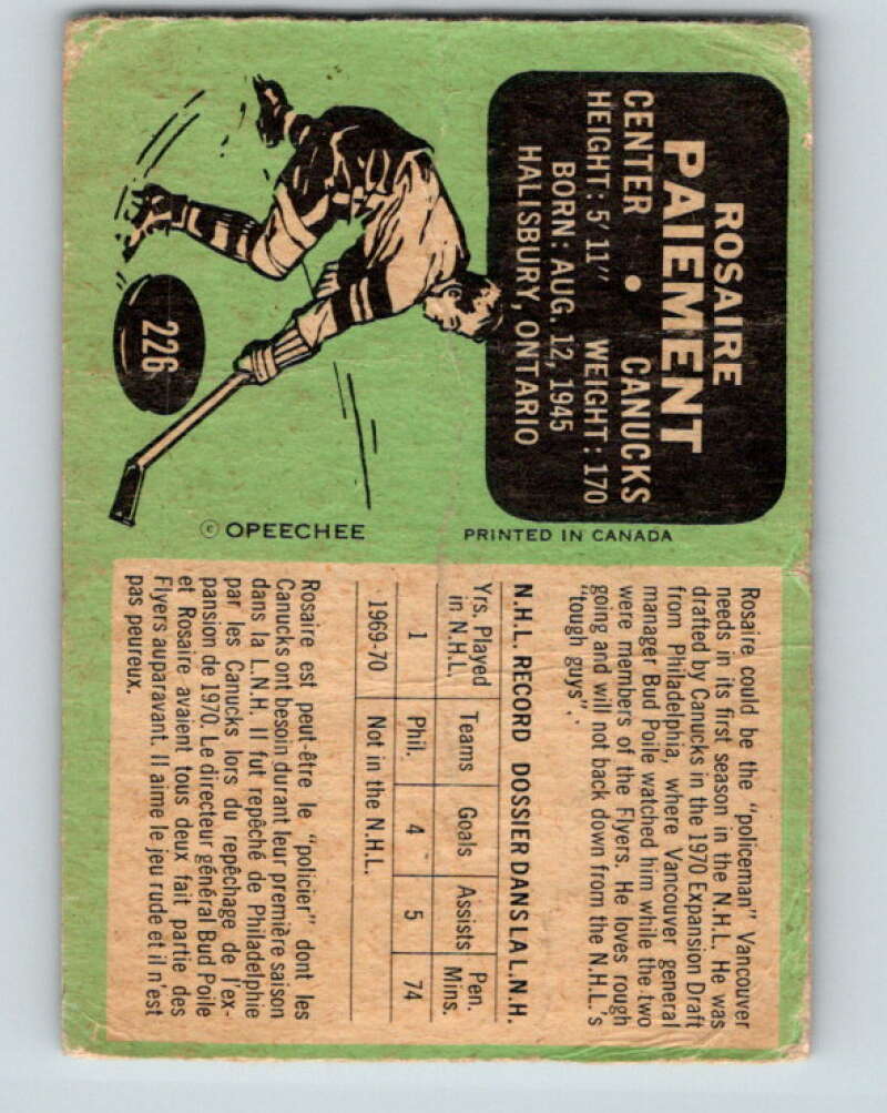 1970-71 O-Pee-Chee #226 Rosaire Paiement RC Rookie Vancouver Canucks V3033