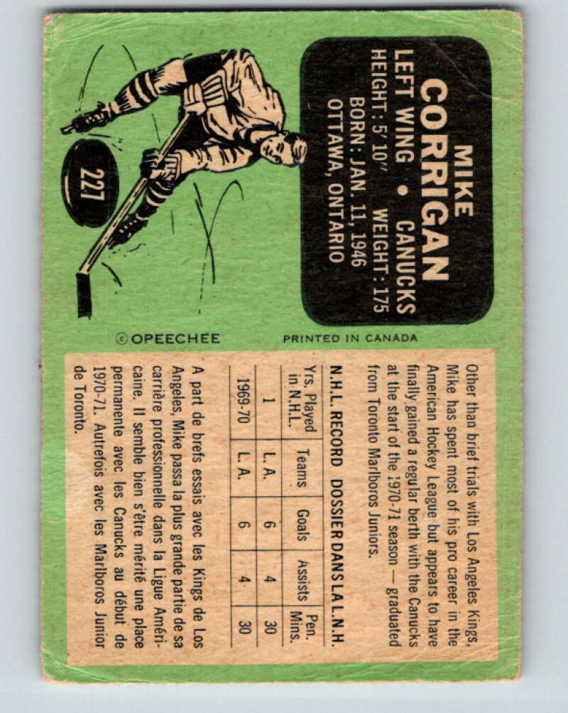 1970-71 O-Pee-Chee #227 Mike Corrigan RC Rookie Vancouver Canucks V3034