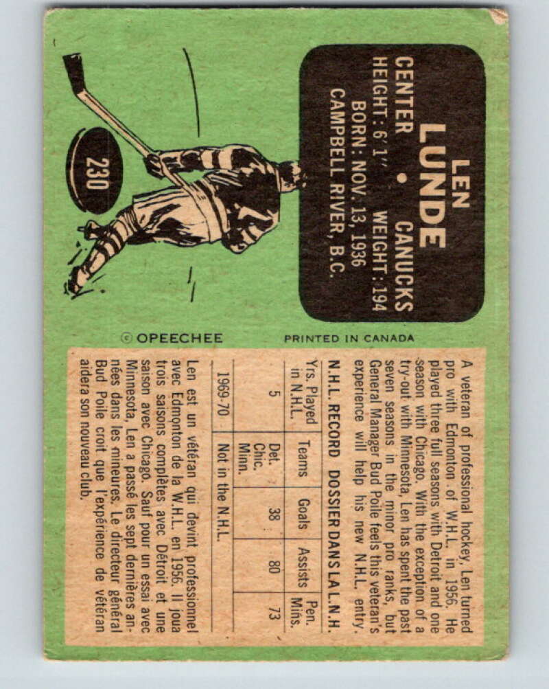 1970-71 O-Pee-Chee #230 Len Lunde Vancouver Canucks V3039