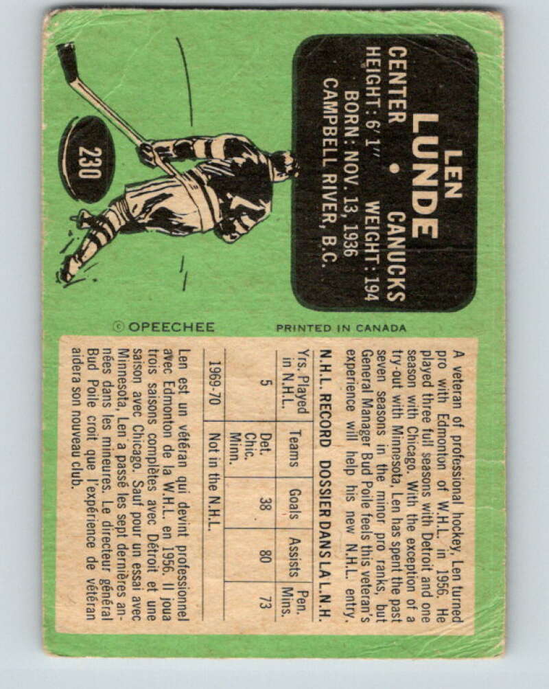 1970-71 O-Pee-Chee #230 Len Lunde Vancouver Canucks V3040