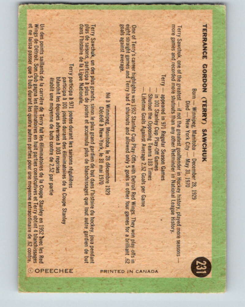 1970-71 O-Pee-Chee #231 Terry Sawchuk Detroit Red Wings V3041