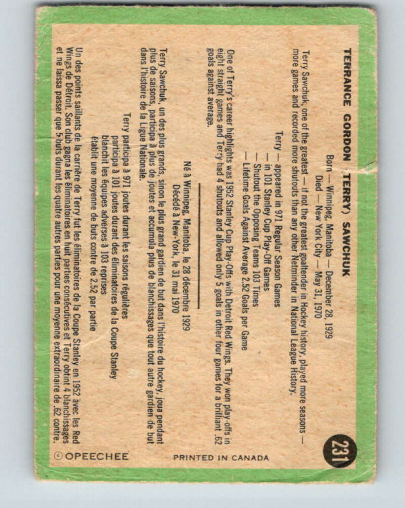 1970-71 O-Pee-Chee #231 Terry Sawchuk Detroit Red Wings V3042