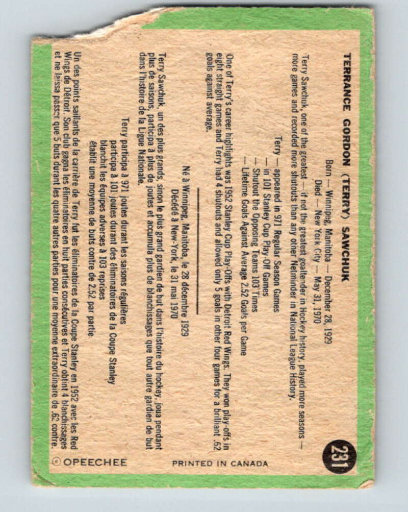 1970-71 O-Pee-Chee #231 Terry Sawchuk Detroit Red Wings V3044