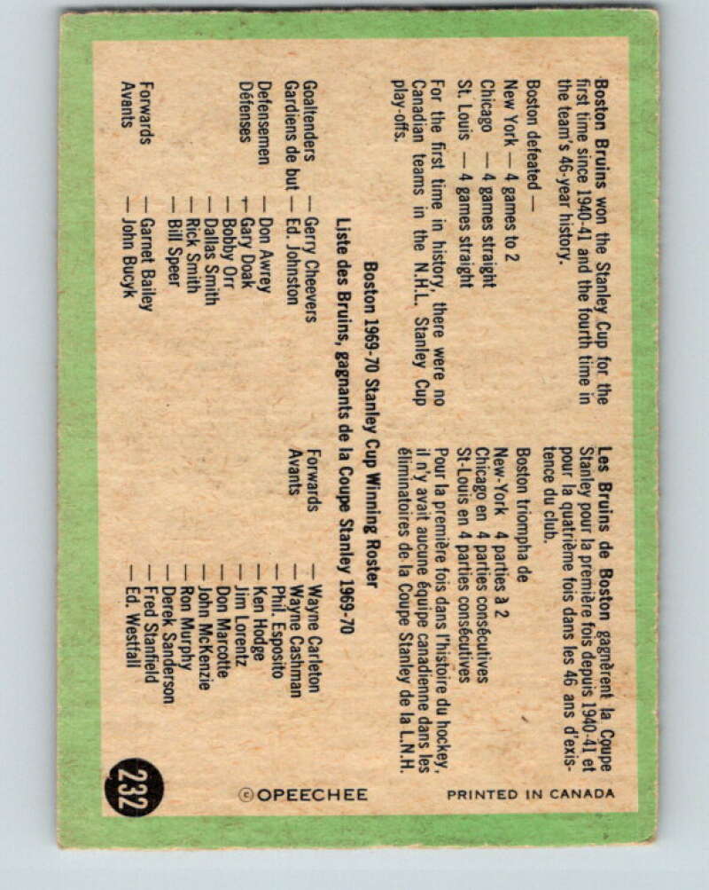1970-71 O-Pee-Chee #232 Stanley Cup Champs Boston Bruins V3046