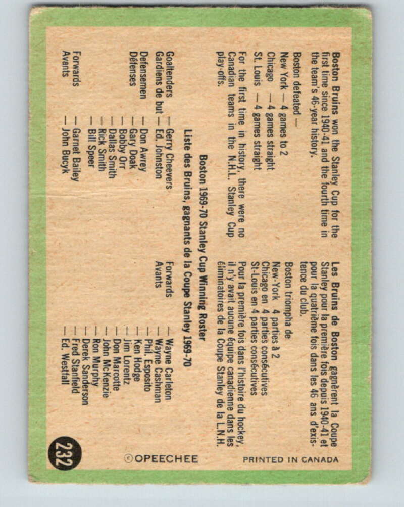 1970-71 O-Pee-Chee #232 Stanley Cup Champs Boston Bruins V3048