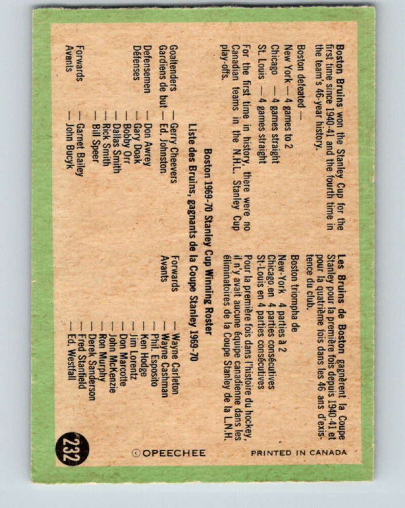 1970-71 O-Pee-Chee #232 Stanley Cup Champs Boston Bruins V3049