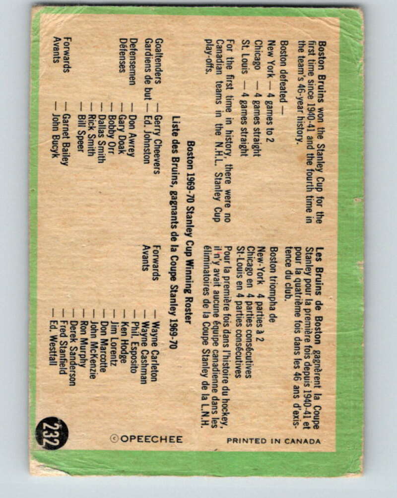 1970-71 O-Pee-Chee #232 Stanley Cup Champs Boston Bruins V3050