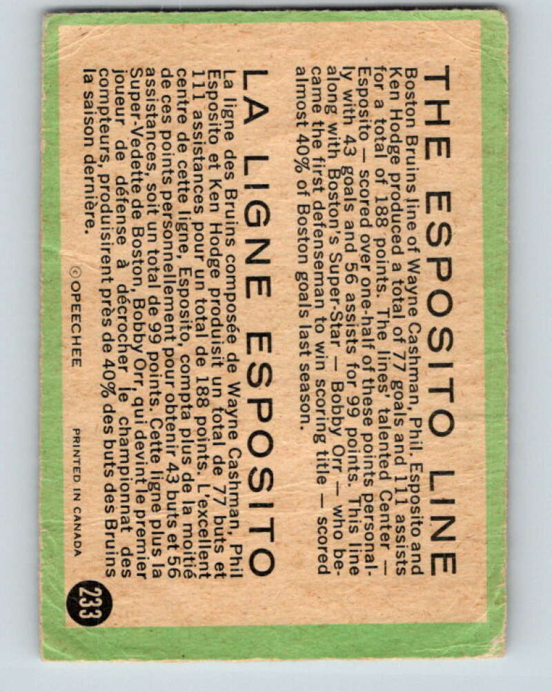 1970-71 O-Pee-Chee #233 Esposito Line Hodge Cashman Boston Bruins V3053